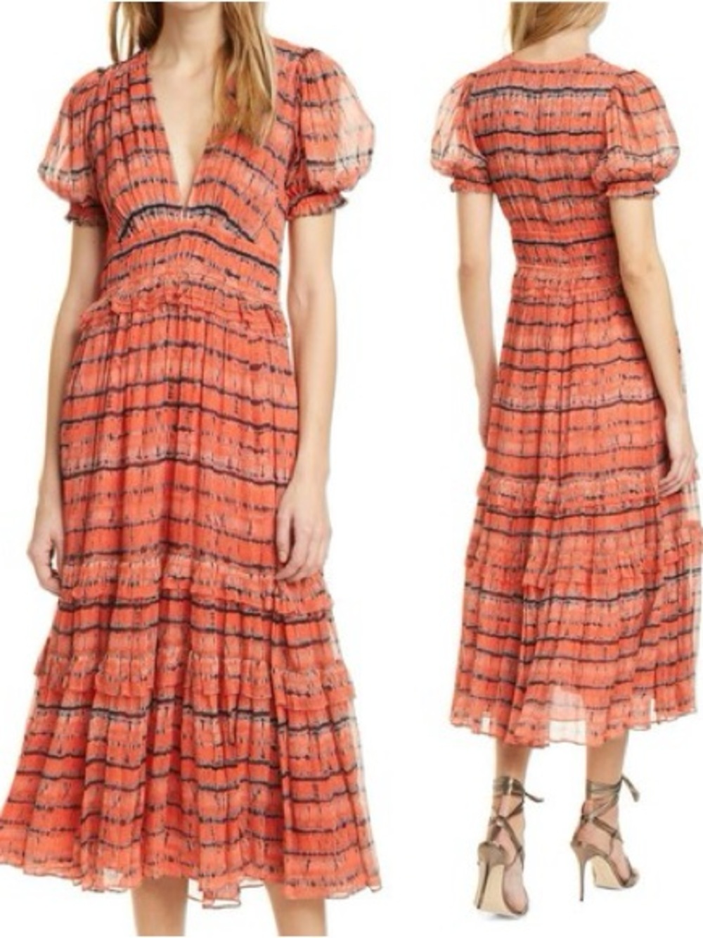 ULLA JOHNSON Elodie Chili Tie Dye Ruffled Silk Midi Dress 6